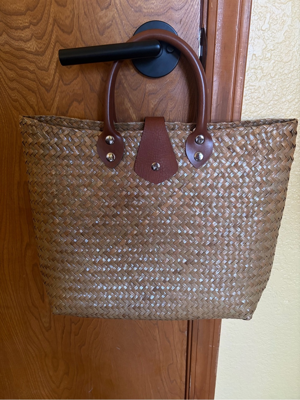 Straw with leather handle Tote bag